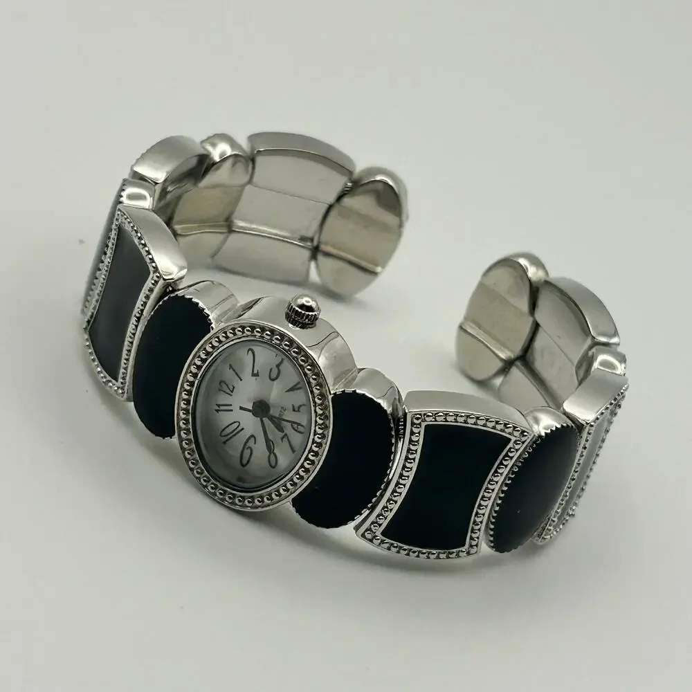 Black Mother Pearl Black And Silvertone Cuff Bracelet Watch Working New Battery